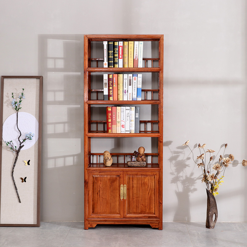Flowers Pear Wood Color Bookshelf Old Elm Wood Shelve Shelf Tea Cabinet Shelves Full Wood Bookcase Chinese Style Modern