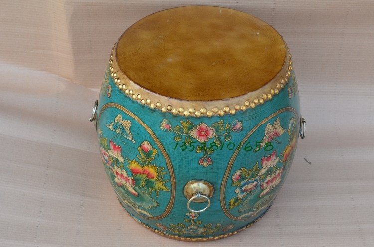 Genuine leather craft stool blue hand-painted painted solid wood individuality round mound drum pier round stool small stool