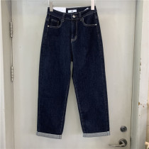 blue sen1838 dark blue high waist denim long pants woman spring 100 lap loose with slim and wide leg straight drum long pants