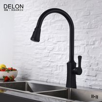 Kitchen faucet Hot and cold household all copper draw-down sink sink basin rotatable black faucet