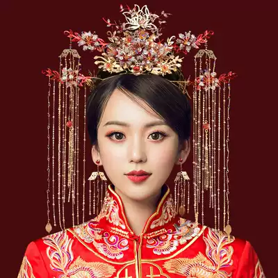 Full Tao bride 2021 New Phoenix crown Xiuhe clothing Dragon Phoenix hanging hair accessories atmospheric luxury Chinese Gold red costume