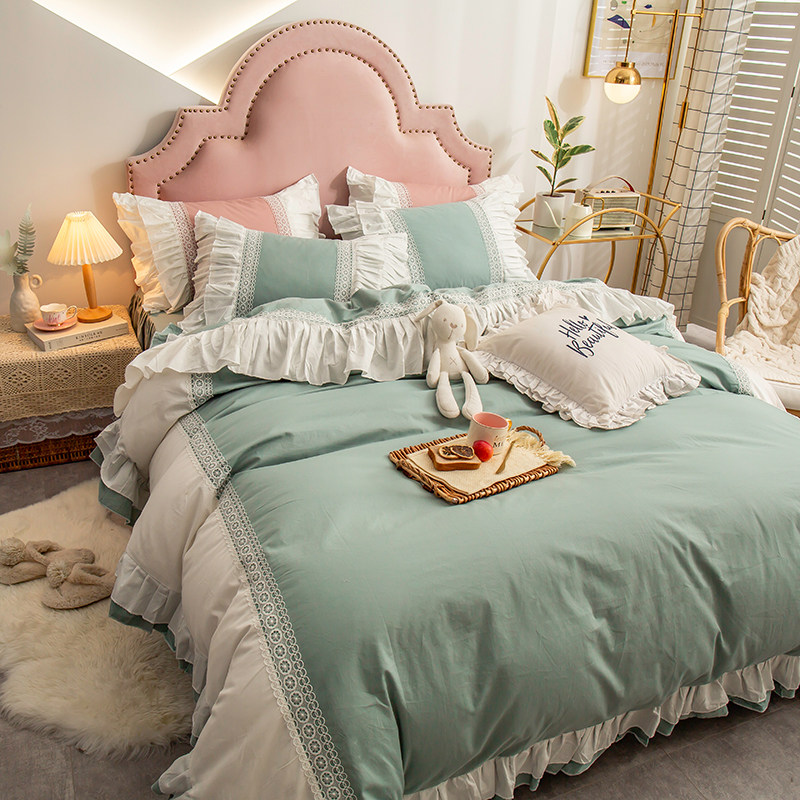 Cotton korean style bed skirt four-piece quilt cover lotus leaf girl heart princess bedding bedspread quilt cover pure cotton