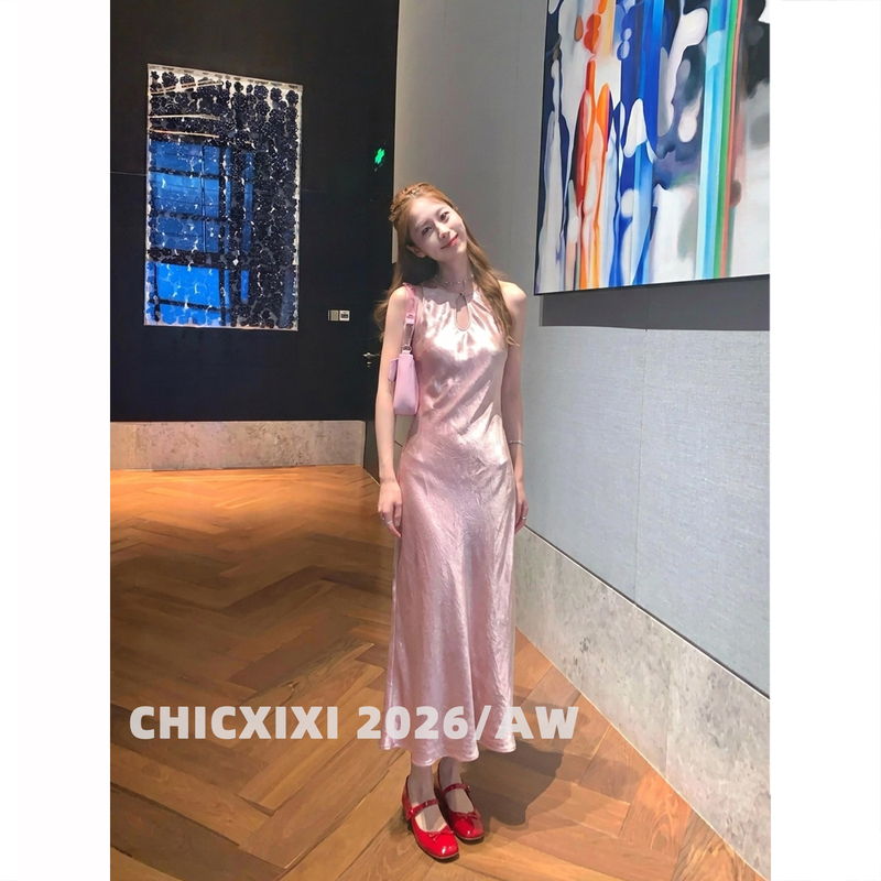 Chicxixi 2026/Aw New Chinese-Style Design Water Drop Collar Pink Dress with Waist-Cinching Slim Fit and Fishtail Long Skirt