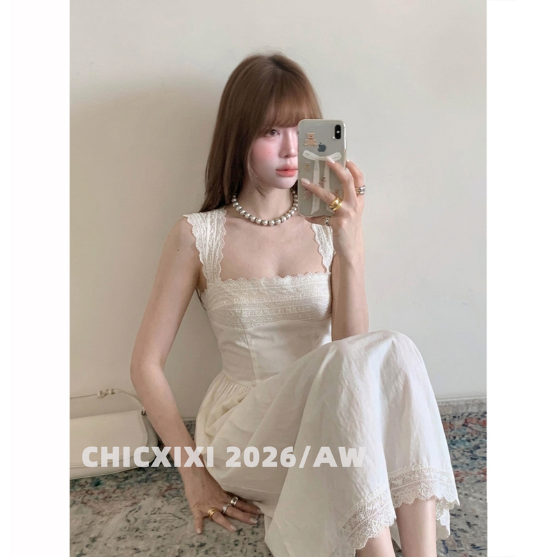 Chicxixi 2026/Aw Heavy-Duty Design Square-Neck Suspender Dress with Lace Hem and Waist-Cinching Long Skirt for Women