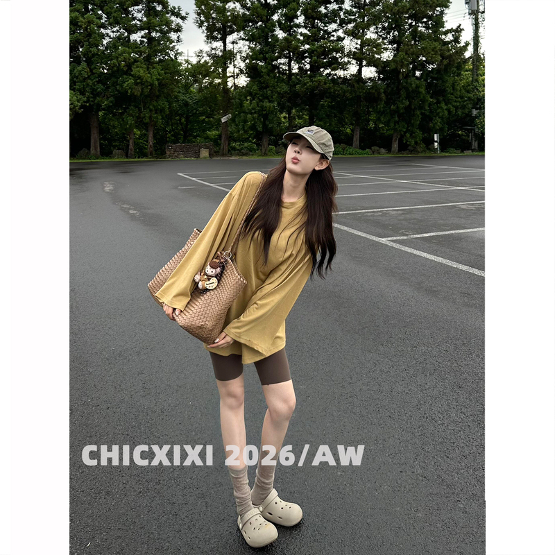 Chicxixi 2026/Aw Korean Style Comfortable Oversized Loose Lemon Yellow Long-Sleeve Sun Protection Cover-Up T-Shirt for Women Chicxixi 2026/Aw Korean Style Comfortable Oversized Loose Lemon Yellow Long-Sleeve Sun Protection Cover-Up T-Shirt for Women
