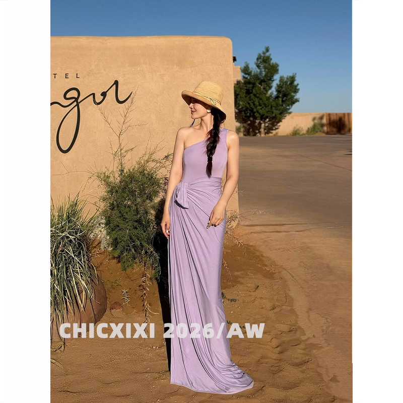 Chicxixi 2026/Aw Pure Desire Style Taro Purple Off-Shoulder Layered Dress Slim Fit Vacation Long Dress for Women Chicxixi 2026/Aw Pure Desire Style Taro Purple Off-Shoulder Layered Dress Slim Fit Vacation Long Dress for Women