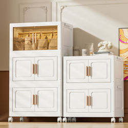 Plastic Living Room Wall-Mounted Storage Cabinet, Foldable Wall-Side Miscellaneous Items and Snacks Storage Rack, Large Capacity Standing Cabinet with Wheels