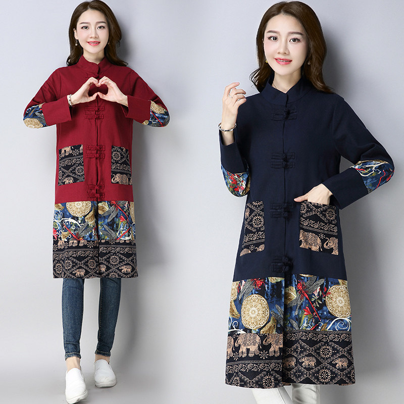 2018 New fall Versatile Stand collar Cotton and hemp Mid length version Dress Ethnic style shirt Long sleeve coatin the Women's clothing/Boutique , Shirt  category - from Buy2taobao.com to provide professional Taobao agent buy service