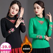 Áo thun nữ phong cách quốc gia mùa thu đông mới Áo cotton phong cách Trung Quốc Thêu áo thun size lớn áo thun nữ - Áo phông