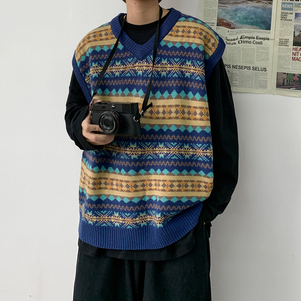 港风新款背心宽松打底衫青春男士V领情侣慵懒风针织衫 M97-P55
