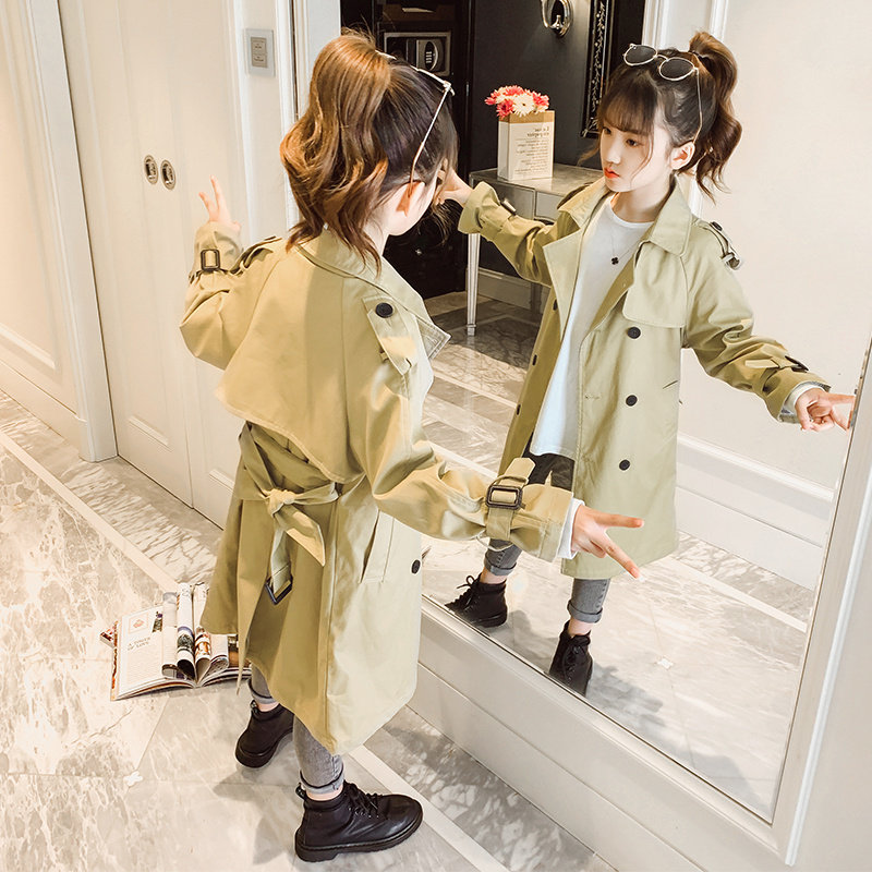 Girls' windbreaker 2022 new children's jacket spring and autumn middle-aged children's British style and western style medium and long version of fashionable autumn clothes