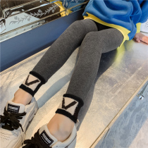 Girl Spring Clothing Underpants Plus Suede Big Children Outwear Integrated Suede Warm Spring Foreign Air Black Pants Slim Down