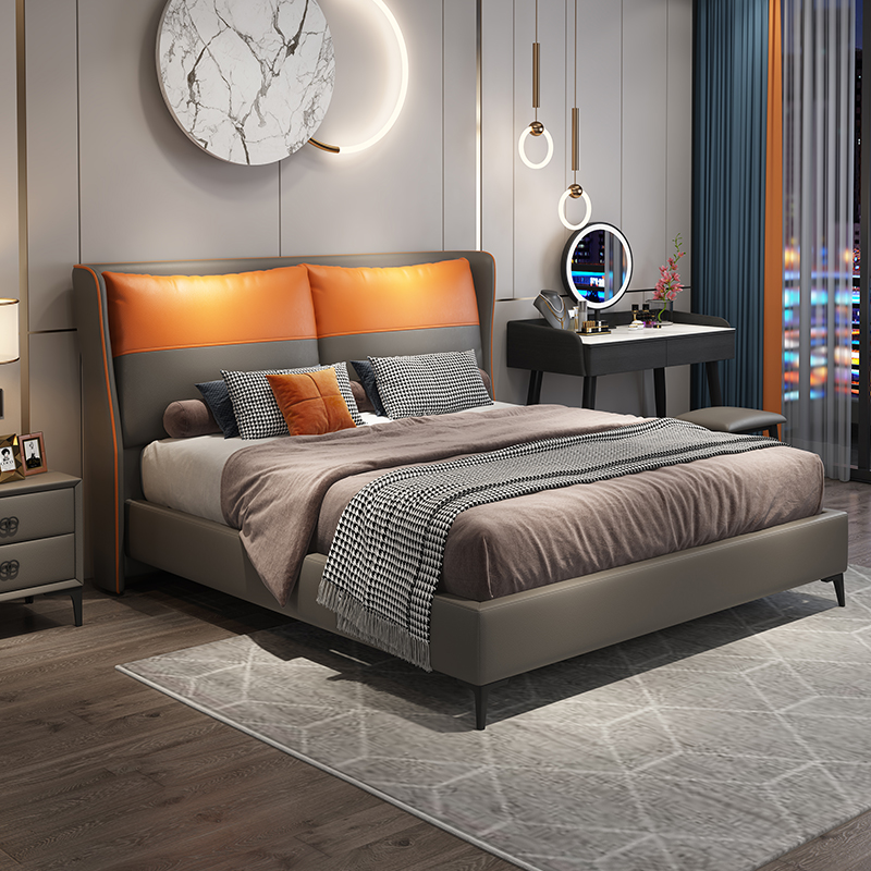 Leather bed modern minimalist solid wood genuine leather light luxury bed master bedroom with large bed 1 8 m double soft bag bed tatami wedding bed