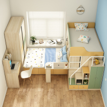 Staggered up and down bed multifunctional combination childrens bed dislocation type child and mother high box corner high and low bed wardrobe integrated