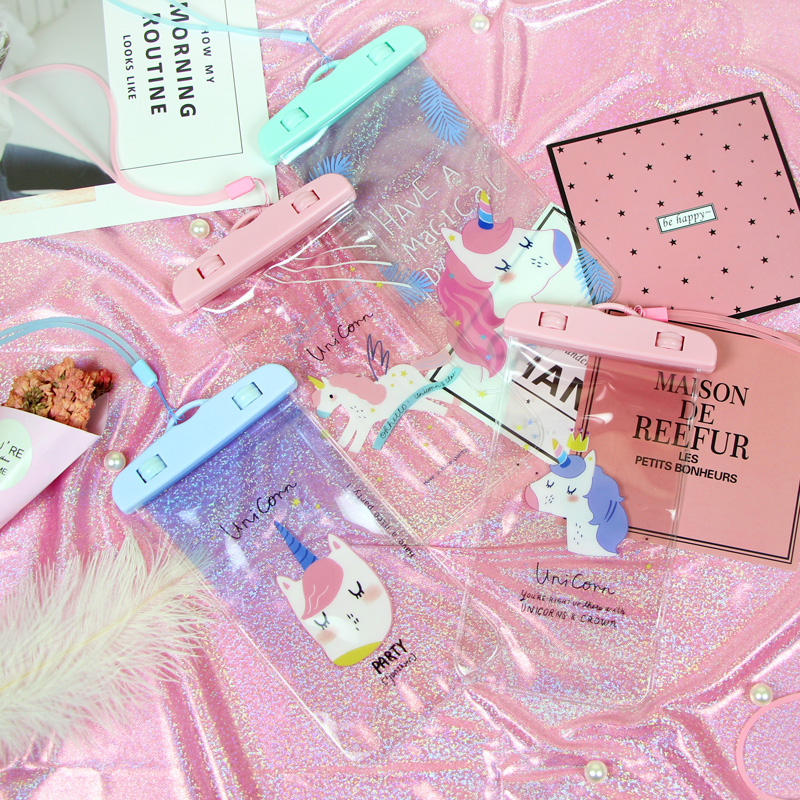 Net red ins cartoon girl mobile phone waterproof bag Japanese fresh summer unicorn lanyard swimming hot spring bag