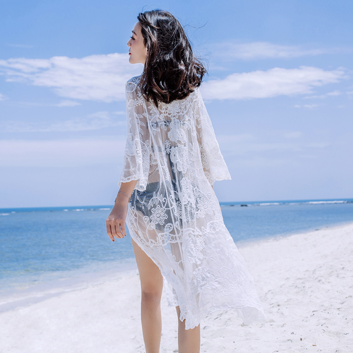 Madai Phuket seaside beach resort sexy long lace cutout bikini swimsuit over the blouse