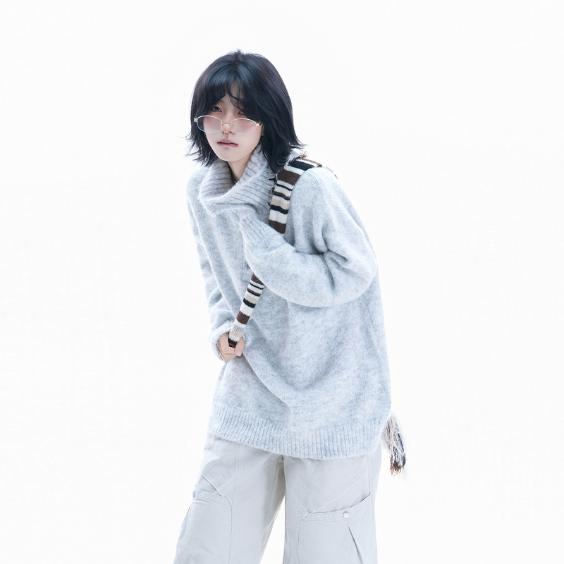 Left Bank Mountain Autumn and Winter Gray Lazy Style Button-Up Turtleneck Soft Knit Sweater for Women, American Style Loose Versatile Couple Sweater