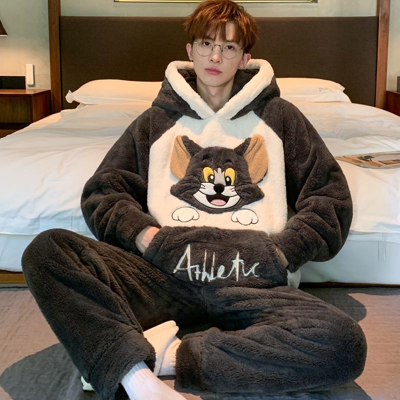 Men's Autumn and Winter Coral Fleece Thickened Long-Sleeve Flannel Cartoon Warm Home Wear Set for Teenagers