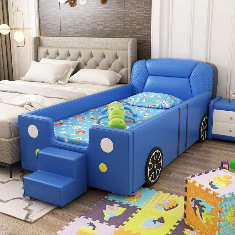 Children's car bed boy single bed 1 2 meters cartoon blue sports car bed with guardrail solid wood splicing widening bed