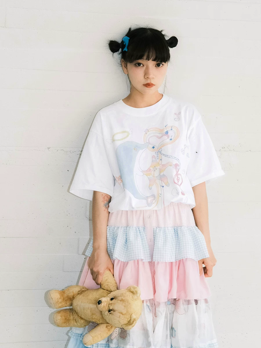 Meugler Niu thick Island Animal Paradise Dolphin Cartoon Hand -painted Printing Couple White Half -sleeve