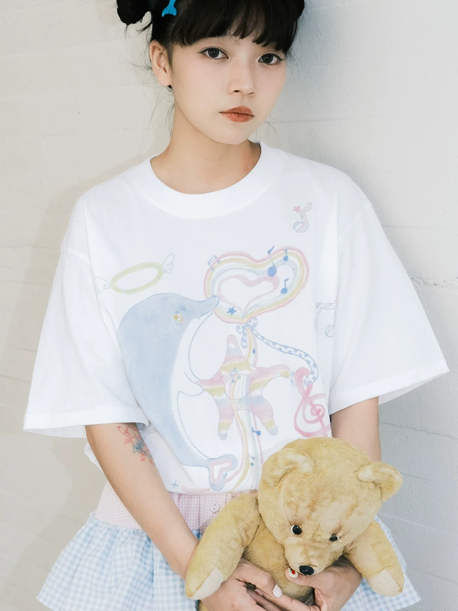 Meugler Niu thick Island Animal Paradise Dolphin Cartoon Hand -painted Printing Couple White Half -sleeve