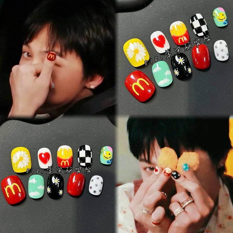 G-Dragon Mcdonald's Style Short Nail Art with Daisies, Checkerboard Pattern, Smiley Face, Purely Hand-Painted and Handmade G-Dragon Mcdonald's Style Short Nail Art with Daisies, Checkerboard Pattern, Smiley Face, Purely Hand-Painted and Handmade