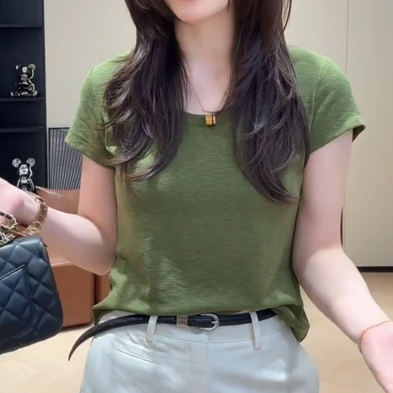 [Long Island Ice] Summer New Style Solid Color Lightweight Slim-Fit Short-Sleeve T-Shirt with a High-End Fashion Feel for Women