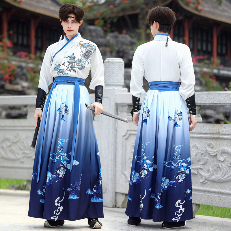 Original Dragon's Roar White and Blue Gradient Ancient Style Hanfu Large Size Men's Clothing Summer Long-Sleeved Elegant Scholar Swordsman Ancient Costume Class Uniform