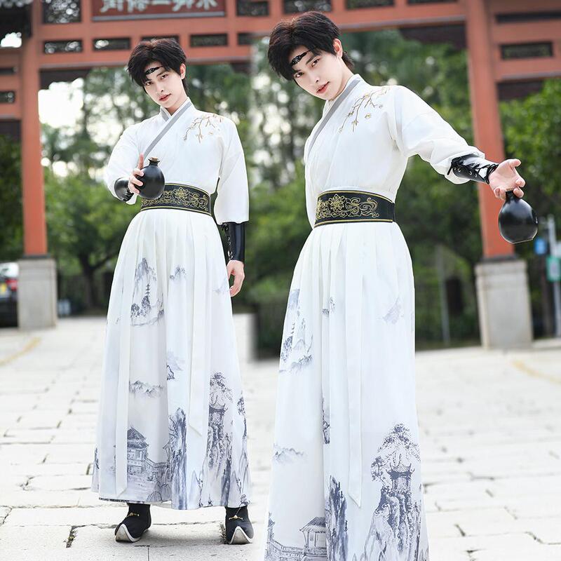 Chinese Style Original Mountain and River Plum Blossom Long-Sleeved Hanfu for Men, Large Size Ancient Costume Cosplay Scholar Swordsman Fairy-Like Outfit