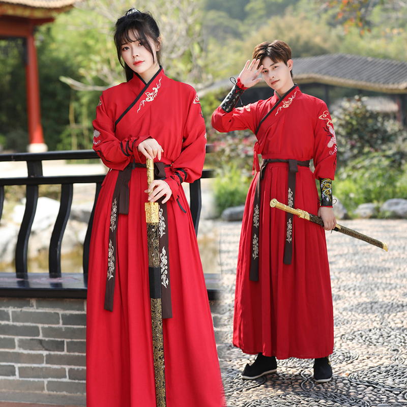 Original Red Crane Embroidery Cross-Collar Ru Skirt Set Traditional Daily Hanfu Unisex Ancient Costume Couple Performance Class Uniform