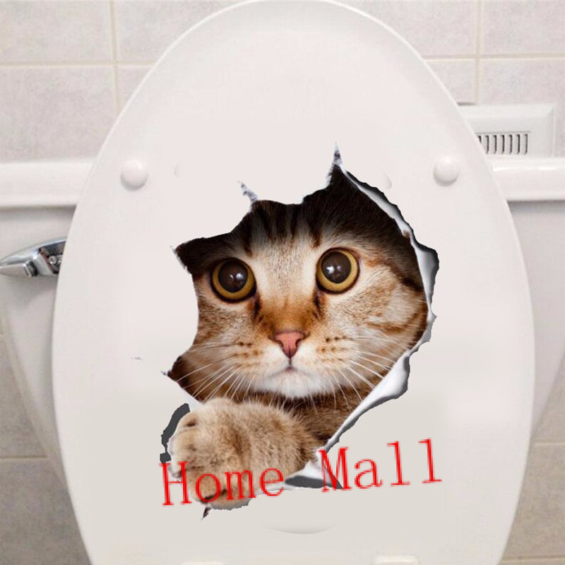Vinyl waterproof Cat Dog 3D Wall Sticker Hole View Bathroom