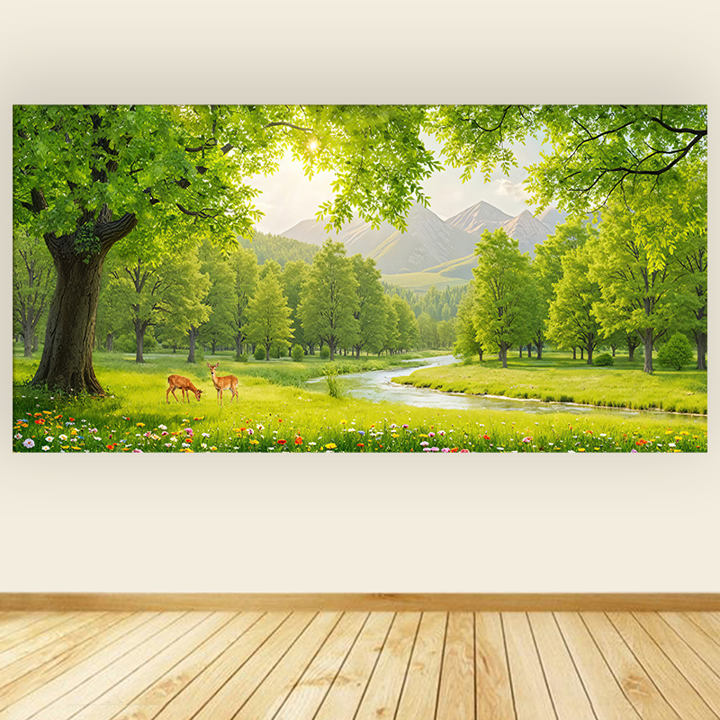 Green Trees, Grass, Scenery Stickers, Green Mountains and Rivers, Woods, Self-Adhesive Paintings, Bedside, Living Room, Office Murals