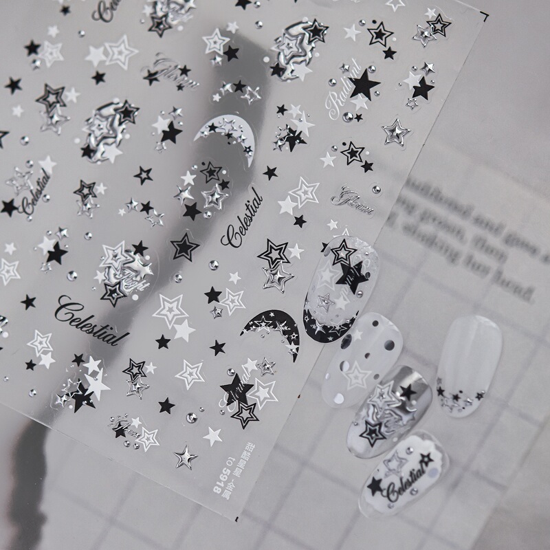 Trendy Sweet Cool Star Nail Stickers Tomoni Metallic Black White Silver Star Moon Adhesive Nail Stickers