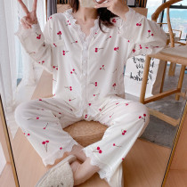 Golden velvet pajamas Womens Spring and Autumn long sleeves cute cherry two-piece set size can be worn outside the thin winter home clothes