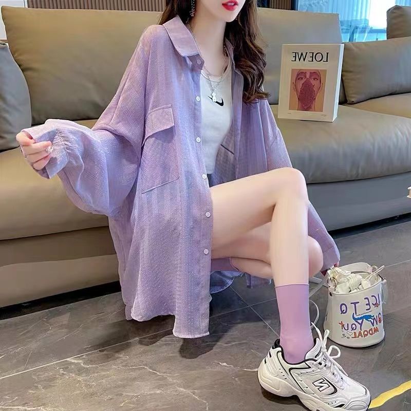 Chanel-Style Shirt Jacket for Women, Summer Thin Taro Purple Loose Long-Sleeve Cardigan, Stylish Sun-Protective Cardigan Jacket Chanel-Style Shirt Jacket for Women, Summer Thin Taro Purple Loose Long-Sleeve Cardigan, Stylish Sun-Protective Cardigan Jacket