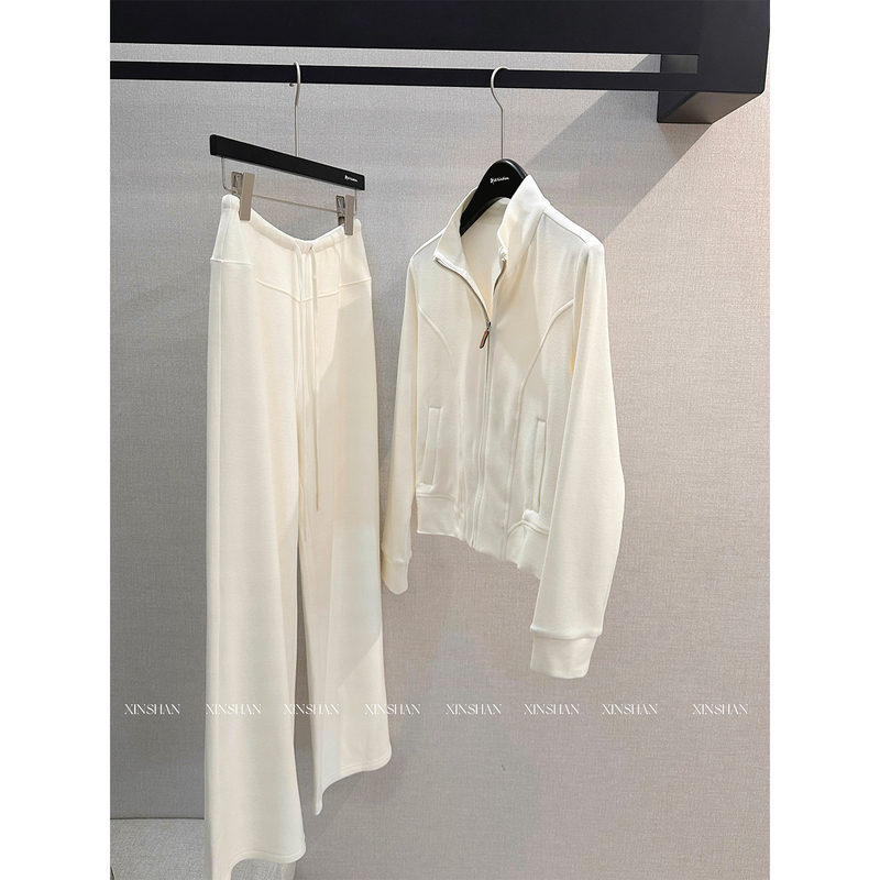 Xinshan White Simple Casual Stand-Up Collar Wool Suit Relaxed Old Money Style Two-Piece Set