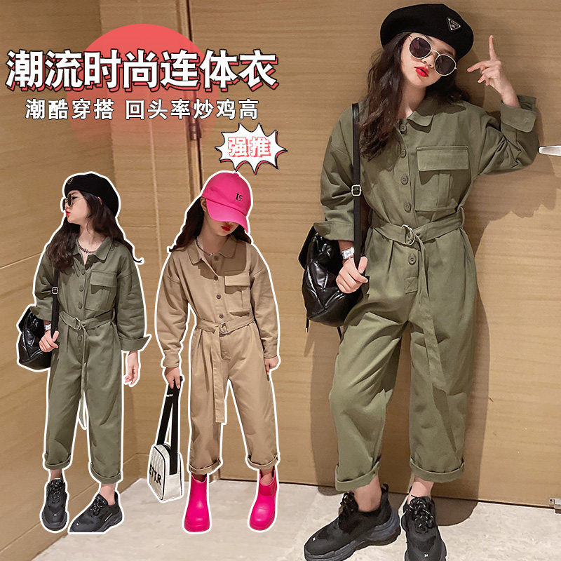 Girls' autumn suits 2022 new girls' Western style net red spring and autumn clothes in the big children's one-piece workwear casual suits