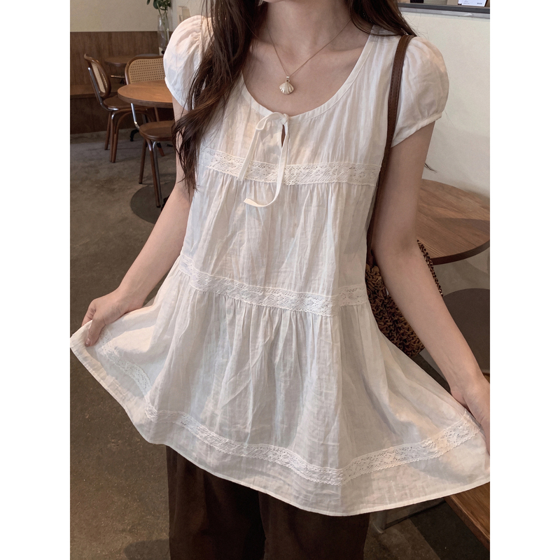 White Lace-Up Round-Neck Shirt Dress for Women, Summer Design, Thin, Slightly See-Through, Loose, Slimming, Mid-Length Top White Lace-Up Round-Neck Shirt Dress for Women, Summer Design, Thin, Slightly See-Through, Loose, Slimming, Mid-Length Top