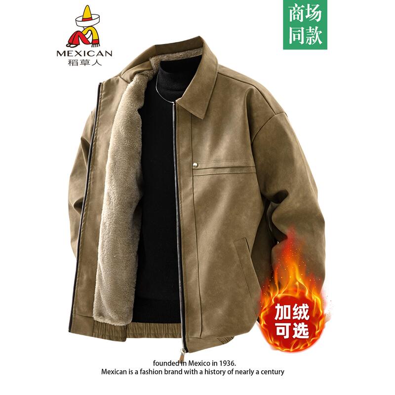 Scarecrow Genuine Fleece-Lined Thickened Men's Jacket with a Turn-Down Collar, Leather Jacket, 2025 New American Retro Men's Outerwear Scarecrow Genuine Fleece-Lined Thickened Men's Jacket with a Turn-Down Collar, Leather Jacket, 2025 New American Retro Men's Outerwear