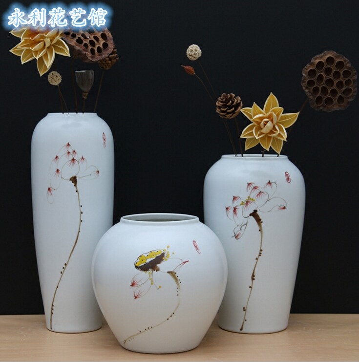 Pure Hand Painted Lotus Flower Ceramic Vase Three sets of Porcelain Vase-Porcelain Bottle Pendulum-Taobao