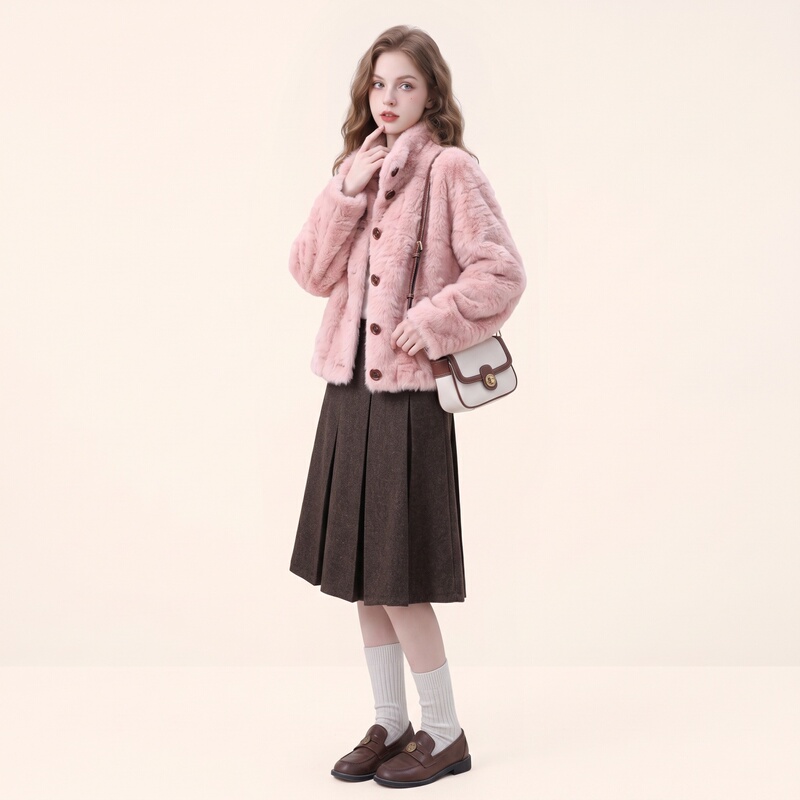 Sweet Style Pink Stand-Up Collar Short Eco-Friendly Faux Fur Coat for Women, 2026 Winter New Model, Faux Fur Integrated, Age-Reducing Top