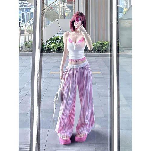 Розовый цветной комплект, тонкие штаны для отдыха, свободный прямой крой