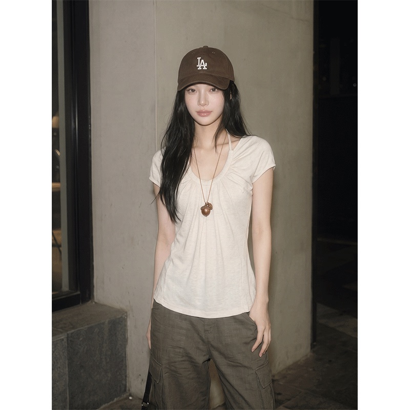 Korean Style Halter Neck U-Neck Pleated Short-Sleeve T-Shirt for Women, Summer Wear, Unique Design, Relaxed and Lazy Style, Loose Top