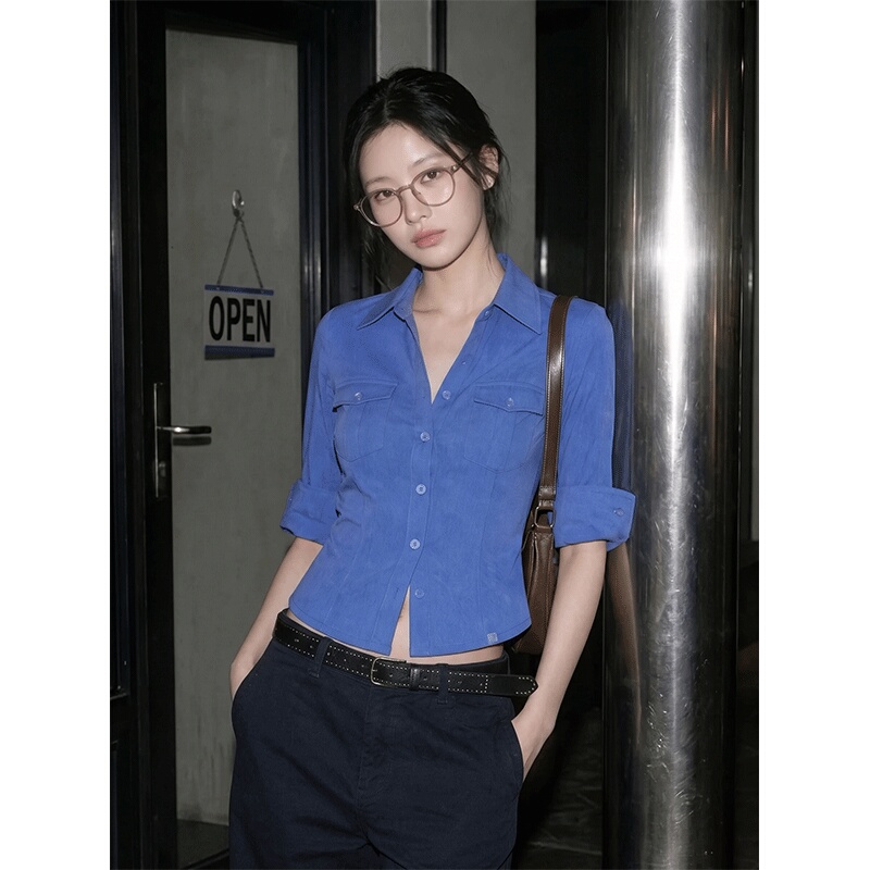 American Retro Blue Mid-Sleeve Shirt for Women, Summer High-Fashion Outfit, Slim Fit, Waist-Cinching, Sexy Blouse Top American Retro Blue Mid-Sleeve Shirt for Women, Summer High-Fashion Outfit, Slim Fit, Waist-Cinching, Sexy Blouse Top