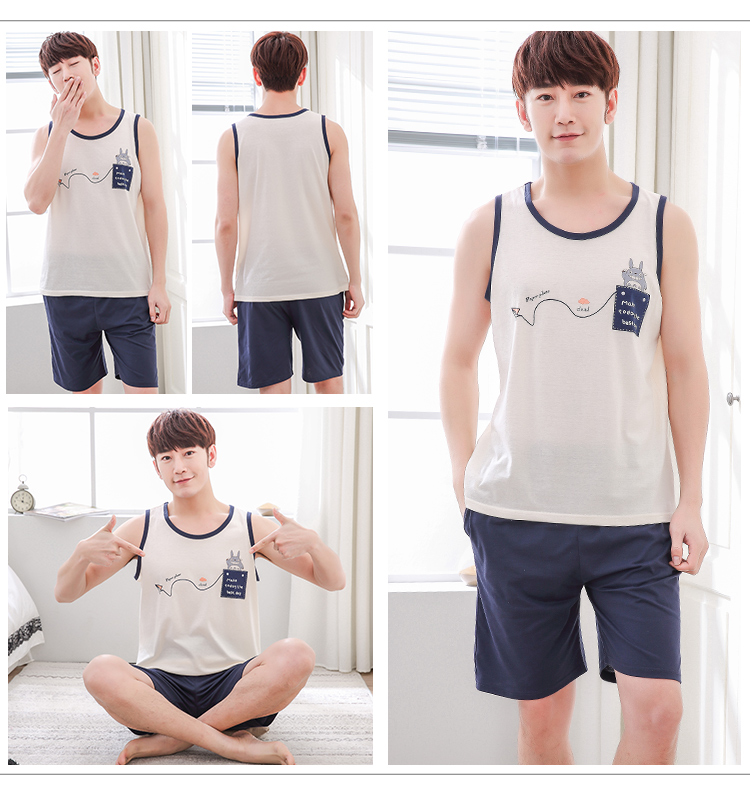 Của nam giới Đồ Ngủ Tank Sleeve Vest Bông Lỏng Mỏng Tay Áo Quần Short Teen Junior High School của Nam Giới Mùa Hè Bộ