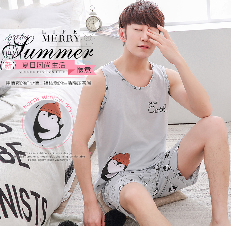 Của nam giới Đồ Ngủ Tank Sleeve Vest Bông Lỏng Mỏng Tay Áo Quần Short Teen Junior High School của Nam Giới Mùa Hè Bộ