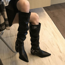 Западные Boots 显瘦！复古西部牛仔靴秋冬新款胖mm皮带扣不过膝长筒堆堆靴骑士靴
