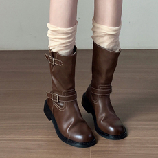 Западные Boots 美到心坎上！复古西部牛仔靴2023秋冬新款棕色圆头粗跟中筒骑士靴