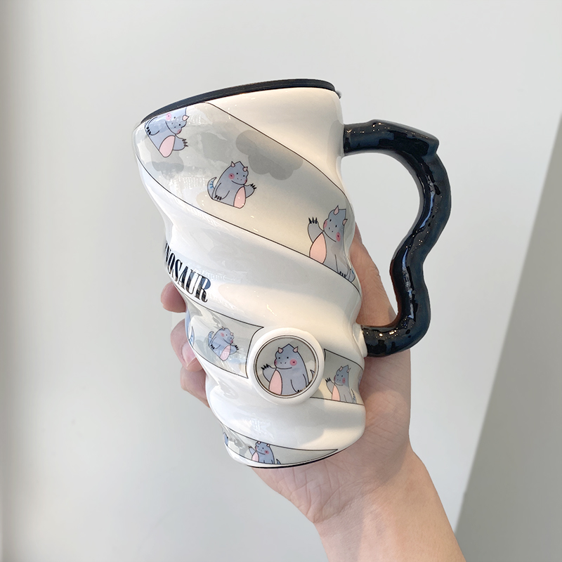 Large-capacity ceramic cup female cute high-value cup with lid mug creative personality trend water cup breakfast cup