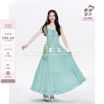 ILLELLA mint milk green harness with dress style high waist round collar commute minimis sweet and sleeveless A-word long dress